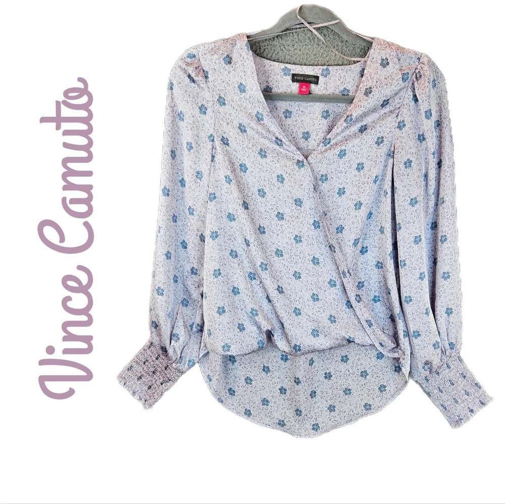 Vince Camuto Womens Hi-lo Silky Purple Blue Flowers Blouse Sz XS Snap Bodice